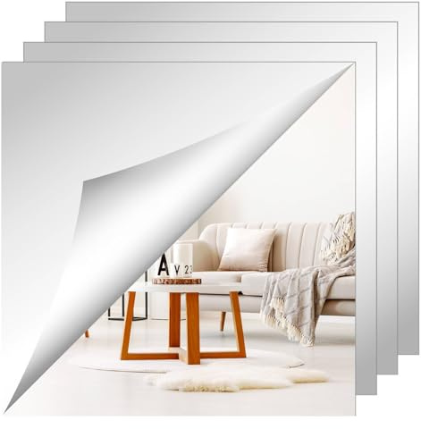 SUNNYNEST 4 Pieces Self Adhesive Mirror Tiles 30x30cm (2mm Thick), Acrylic Stick on Mirror Stickers, Flexible Tiles for Wall, Bathroom, Bedroom (Square, 30x30cm)