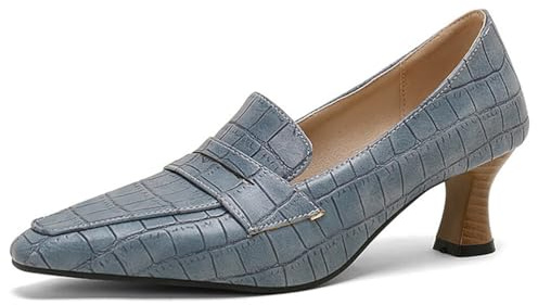 Dampumps med spetsigt tåområde av lack PU-läder, låg klack, elegant retrostil för kontor och fest, blå, 37 EU