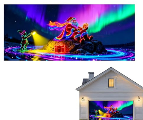 Copertura per porta garage di Natale – UV fluorescente, design 2D, pannello in materiale di tela di vacanza, decorazione esterna durevole | per esterni, interni, feste, por