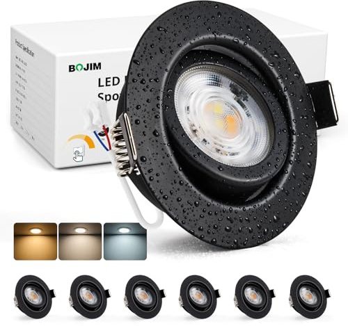 BOJIM LED Spots 230V Schwarz Dimmbar, IP44 Einbaustrahler LED 68mm Lochmaß | Metall Warmweiß Kaltweiß Neutralweiß, Deckenspots 7W Flach für Bad Küche Wohnzimmer, 6er Set