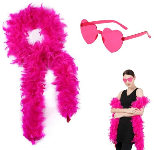 LEIIERUY Set Costume Donna Rosa – Boa di Piume 2 Metri + Occhiali in Plastica – Accessori Riutilizzabili per Feste, Matrimoni, Carnevale, Halloween, Cosplay, Festival Musicali