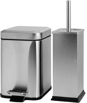 Harbour Housewares Bathroom Bin & Brush Set - Brushed - 2pc Square Stainless Steel Pedal Bin & Toilet Brush Set Slim Small Trashcan for Kitchen Waste, Bathroom Rubbish