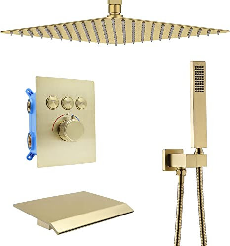 Delnet Thermostatic Shower Mixer Set Concealed Brass 16 Inch Ceiling Mounted Rain Shower Head System Combo Brushed Gold, Can Use All Options at A Time