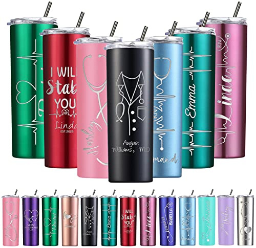 Nurse Tumbler Personalised Skinny Tumblers with Name Lid and Straw Custom Insulated Coffee Tumbler Cup Customised Nurse Appreciation Graduation RN Gifts for Women Stainless Steel, 20oz/590ml