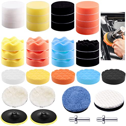 ACONDE Car Polishing Pads for Drill: 36 PACK 3 Inch Polishers and Buffers Buffing Kits with 2 Pack M10 Drill Adapter - Soft Buffing Pads for Car Polisher Sanding Waxing