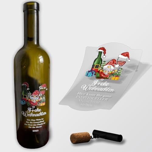 Weihnachten Flaschenetiketten personalisiert mit Wunschtext - 4 Stück 85x130mm- transparente Aufkleber für Geschenk - weihnachtliche Flaschen Aufkleber (Motiv Gnome)