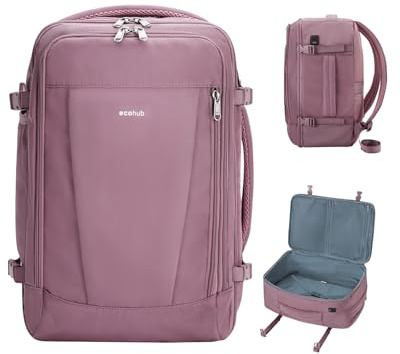 ECOHUB 17'' Travel Backpack, Personal Item Backpack with 13 Pockets, Flight Approved Carry on Backpack with USB Port & Luggage Sleeve, Travel bag for Women, Water Resistant Backpack, Pink