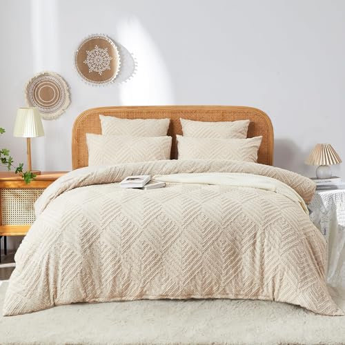 DXHOME Ropa de cama bohemia de 135 x 200 cm, color beige con mechones, geométrico, vintage, bohemio, reversible, microfibra lavada, funda nórdica con cremallera y 1 funda de almohada de 80 x 80 cm