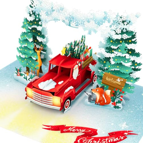 Three Dee Cards - Roter LKW mit Weihnachtsbaum 3D Pop-Up Weihnachtskarte, Geldgeschenk für Tochter, Sohn, Ehemann, Ehefrau, Bruder, Schwester, Mama, Papa, Familie, Weihnachtsgrußkart