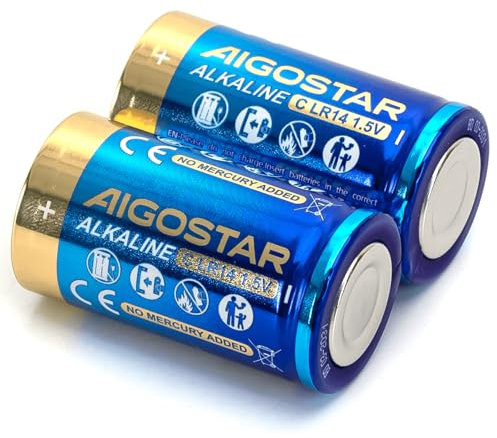 Pila alcalina C 1,5 V 2 Unidades, Ideal para Dispositivos eléctricos, Juguetes y Controles remotos.