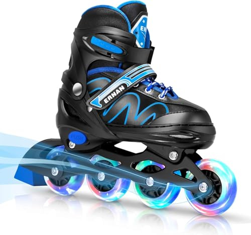 ERNAN Pattini in linea regolabili per bambini,Pattini in linea, pattini in linea per bambini con ruote illuminate, Per ragazze e ragazzi, per uso interno ed esterno (Blue, L)