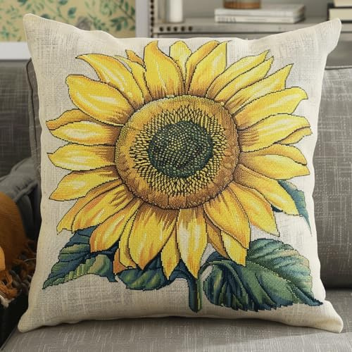 Kreuzstich Kissen Set Vorgedruckt, Sonnenblume Handstickerei Nähkissenbezug 45X45cm Stickpackung Stickset Kreuzstich Kissen zum Basteln Stickkissen Stickpackung
