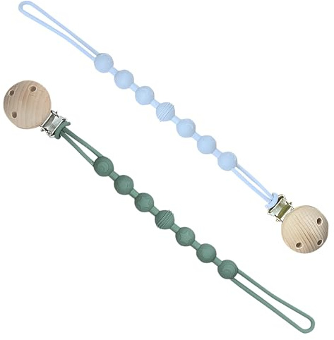 2-Pack Silicone Dummy Clips – BPA-Free Pacifier Clips with Wooden Design – Universal Dummy Chain Fit for Most Soothers & Teethers – Safe and Durable for 18-36 Months Baby