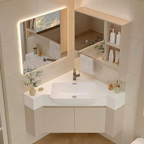ZKBDBWTR Mueble de Baño con Espejo Doble y Lavabo - Tocador de Esquina | Lámpara de luz Suave, Muebles para Lavabo con Almacenamiento Diversificado y Borde Redondeado(70cm/27.5in)