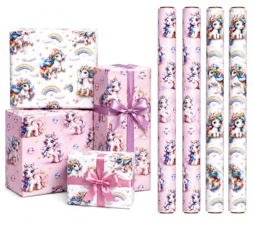 4 Blatt Einhorn Geschenkpapier Geburtstag, 2D Kinder Geschenkpapier Rolle, 50x70cm Gift Wrapping Paper, Geschenkideen Geschenkverpackung für Tierliebhaber Freunde, Einhorn Geschenke für Mädchen