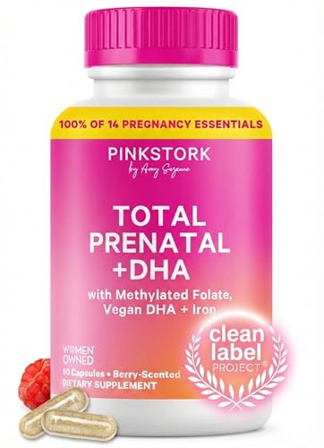 Pink Stork Total Prenatal Vitamins | Vegan DHA, Methylfolate, Iron, Choline, Vitamin B12 | No Fishy Burps | Support Fetal Development | Pregnancy Essentials | Clean Label Award | 60 Capsules, Berry