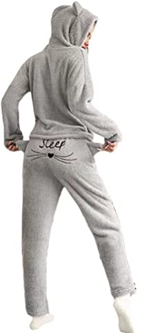 Minetom Femme Automne Hiver Ensembles de Pyjama Chaud en Polaire Douce Vêtements de Nuit Mignon Chat Deux Pièces Sweat à Capuche et Pantalons Longs