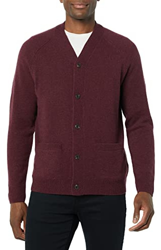 Amazon Essentials Cárdigan de Lana de Cordero con Cuello en V y Bolsillos para Hombre (Anteriormente Goodthreads), Color borgoña Oscuro, Talla XL
