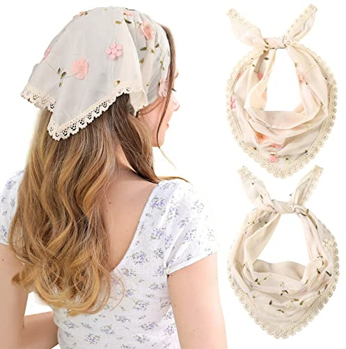 AWAYTR 2 x Blumen-Haar-Bandanas, Raffhalter, Kopftuch für Damen, Blumen-Netz-Haarschal, leicht, dreieckig, Kopftuch