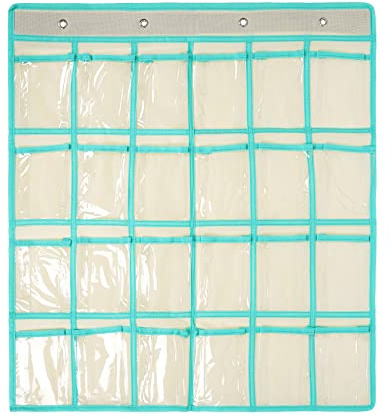 SAVORLIVING 24 klare Taschen Aufbewahrungstasche Für Klassenzimmer,Handygarage Schule,Handy Aufbewahrungsbox,Handy Organizer Klassenzimmer,Für Handys Und Taschenrechner,mit Haken (Beige)