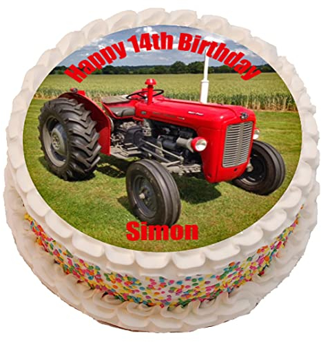 Red Vintage Massey Ferguson Tractor Theme Personalised PRECUT Cake Topper 7.5 Inch Round Edible Icing Sheet Birthday Decoration