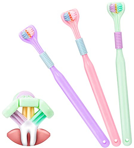 3pcs Brosse à Dent 3 Faces, Brosse a dent Souple Adulte, Super Brosse Compact Brosse à dents junior, Brosse À Dents Triple Idéal Pour Les Adultes Et Les Enfants Autistes (Violet Vert Rose)