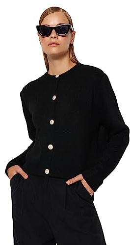 Trendyol Dam Regular Fit Basic Crew Neck Stickat Cardigan Skjorta, Svart, M