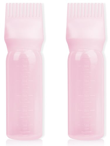 BLAAROOM 2Pack Root Comb Applicator Bottle - 6 Oz Hair Oil Applicator, Dye Bottle Tools with Oil Dispenser & Root Comb Brush - Pink