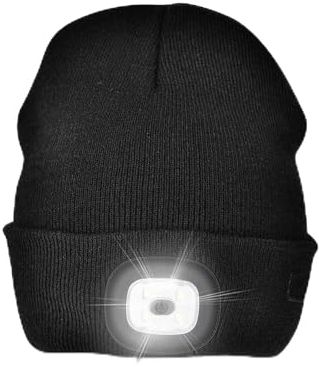 LED Beanie Hat Adults Hands Free Light Up Head Torch Walking Running Fishing Work Cycling Mens Jogging Camping Night Gift for Him Men Mans Present Dad Husband Boyfrined Birthday Cool Gadget Black