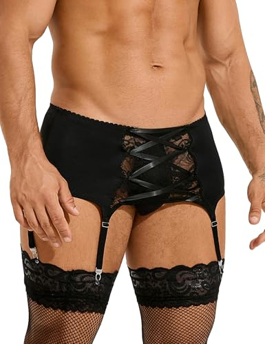 ohyeahlady Liguero Hombre Sexy Talla Grande Elásticos con 6 Clips Ajustables Tanga para Hombre Sexy Slips Transpirable Tanga T-Back Jockstrap Suspensorio Gay G String Lenceria Negro,M