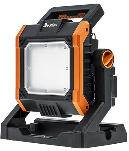 BATILEC - Projecteur de chantier 4000 lm + 5 adaptateurs 18-20V - AC/DC avec câble de 3 mètres - Compatible pour batterie Black & Decker, Bosch, Dewalt, Makita, Metabo, Milwaukee et Stanley - IP65