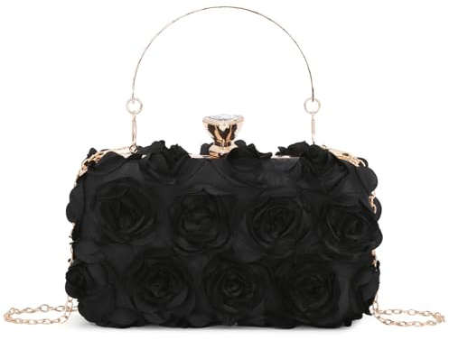 EVEOUT Pochette en Satin à Fleurs pour Femme élégant Sac à Main de Mariage à Roses pour Mariée Sac bandoulière pour Soirée Fête(Noir)