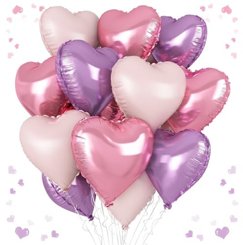 Pink Purple Heart Balloons, 18 Inch Light Purple and Pink Heart Shape Balloons, 12PCS Pastel Pink Purple Helium Foil Heart Balloon for Girls Birthday Marriage Engagement Wedding Party Decoration