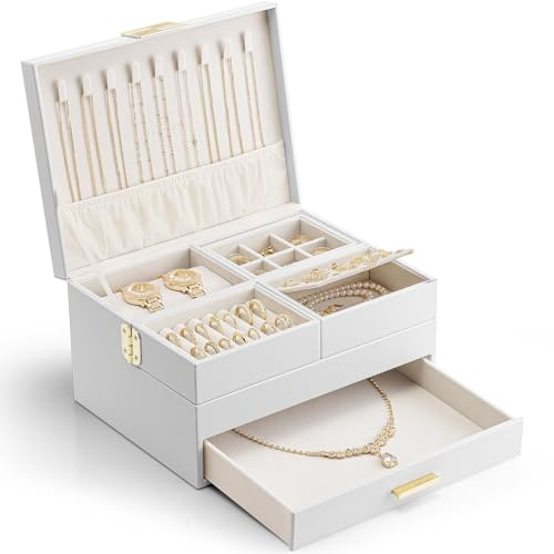 VLANDO Schmuckkästchen Groß für Damen Schmuckaufbewahrung mit ausziehbarem Tablett Schmuck Organizer mit Schublade für Halsketten, Ringe, Armbänder,Ohrringe, Mütter und Mädchen, Weiß