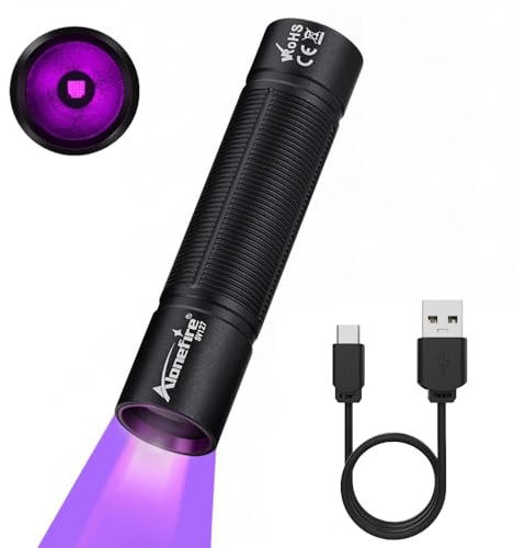 Alonefire SV127 Mini Linterna UV 365nm Profesional Recargable USB C Potente Luz Negra Detector de Orina para Resina, Pesca, Escorpión, Minerales, Pegamento, Ámbar con Batería Integrada