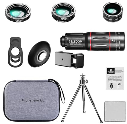 Teleobjetivo de fotografía 28X con macro ojo de pez y gran angular para tomar fotos, teléfono, teléfono inteligente, juego de lentes