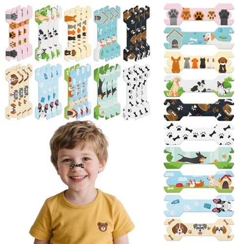 Whemyreat 30 Pieces Children Nasal Strips, Breathe Snoring Strips for Boys and Girls, Dog Cartoon Patterns Nose Patch, Anti-Snoring Nose Plaster, Relieves Nasal Congestion Cold for Sport and Sleep