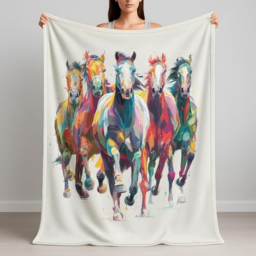 Fluffig mjuk gosig filt 150 x 200 cm av mikrofiber, medelstora varma filtar flera färger för soffa, stor fleecefilt oljemålning häst löpning graffiti med ventilerande material