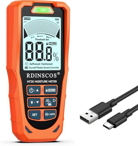 RDINSCOS Feuchtigkeitsmessgerät Wand Feuchtigkeitsprüfer Mauerwerk Feuchtigkeitsmesser Wand Pinless-Messgerät mit 3-Farben LCD Alarmsystem, akustischem Alarm & HOLD-Funktion für Wände Holz
