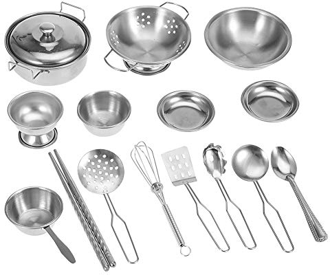 Zerodis Kitchen Toys Set, Stainless Steel Cookware Cooking Utensils Pan Toys for Children Boys and Girls (16 Pieces, Kid, Unisex)