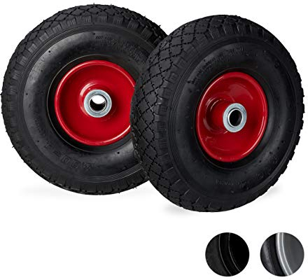 Relaxdays Juego de Dos Ruedas de Carretilla, 3.00-4, hasta 100kg, Llanta de Acero, 260 x 85 mm, Negro-Rojo