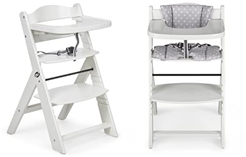 Ms BabyWorld Seggiolone Full per bambini in legno, completamente, evolutivo, seggiolone, ergonomico, regolabile, sicuro, Bianco/Grigio
