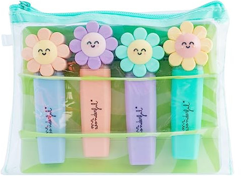 Mr. Wonderful Set di 4 Evidenziatori Pastello con Tappo a Margherita, Ottimale per il Ritorno al Cavolo