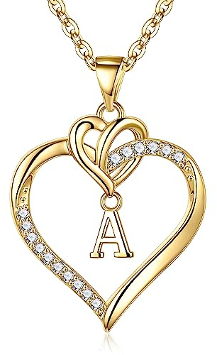 TINGN Damhalsband med hjärta i guld eller silver, 14K guld-/vitguldpläterat initialhalsband, hjärthänge med kubisk zirkonia och bokstäver, årsdag, födelsedagspresent, Guld