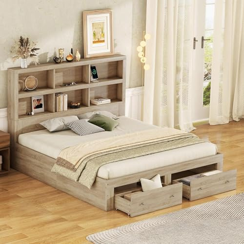 MQLAE 160x200 Doppelbett Aus Holz Mit Ablagefach, Kingsize-Plattformbett mit Zwei Schubladen am Fußende des Bettes, Kopfteil mit Stauraum-Bücherregal, Stauraumbett, ohne Matratze, Natur