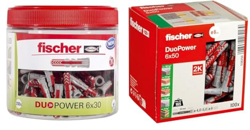 fischer DUOPOWER 6 x 30 & DUOPOWER 6 x 50, Universaldübel, leistungsstarker 2-Komponenten-Dübel, Kunststoffdübel zur Befestigung in Beton, Ziegeln, Stein, Gipskarton UVM., ohne Schrauben, 100 Stück
