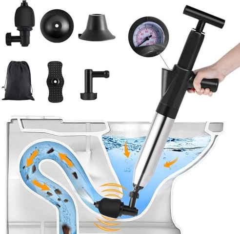 VINGVO Hochdruck-WC-Kolben, professioneller Abflussreiniger für Rohrleitungen, Druckrohre mit Barometer, zur Entstopfung des Toilettenablaufs, Waschbecken, Badewanne, Boden