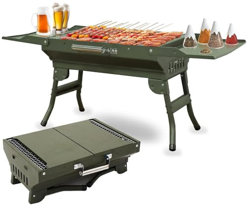 Barbecue A Carbone Portatile Da Tavolo + Ripiano, Barbecue Pieghevole In Acciaio Inox,Griglia Per Barbecue, Griglia Per Affumicatore, Griglia Da 40X50Cm, Per Cucinare All'Aperto E Campeggio