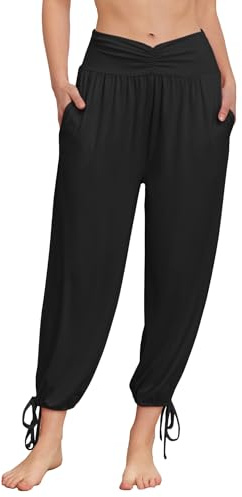 Famulily Harem Pants Women with Pockets Ladies Wide Leg Sports Pants Elastic High Waisted Casual Cropped Trousers Black XL