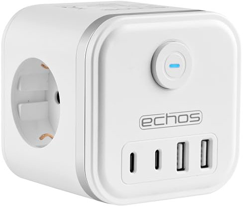 Echos - 7-in-1 Steckdosenwürfel ohne Kabel 3 Fach Mehrfachsteckdose mit USB C - Steckdosenleiste 4 Fach USB Mehrfachstecker mit Schalter Cube Steckdosenadapter mit Kindersicherung 3680W (Weiß)